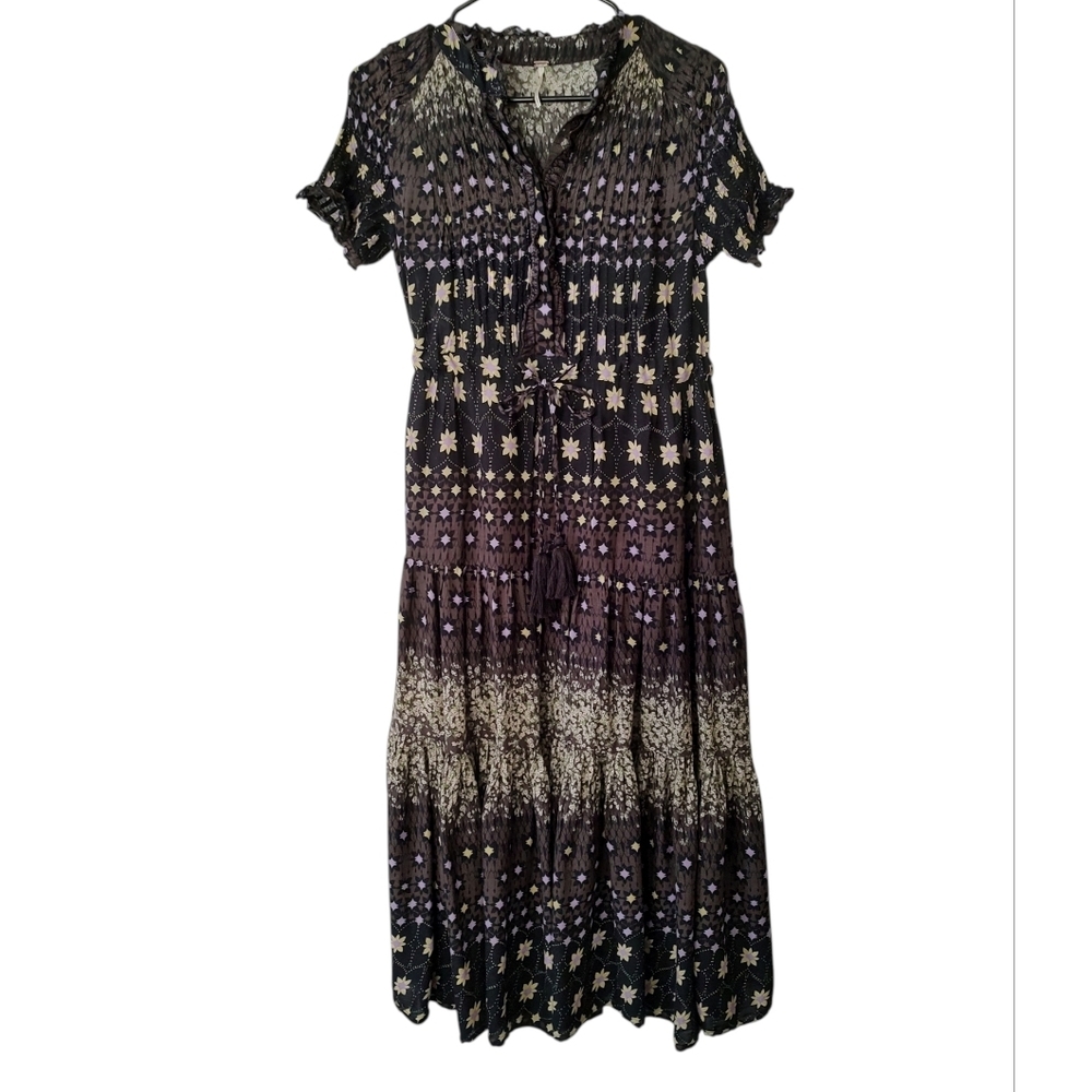Free People Black and Purple Floral Smocked Maxi Dress - Picture 2 of 4